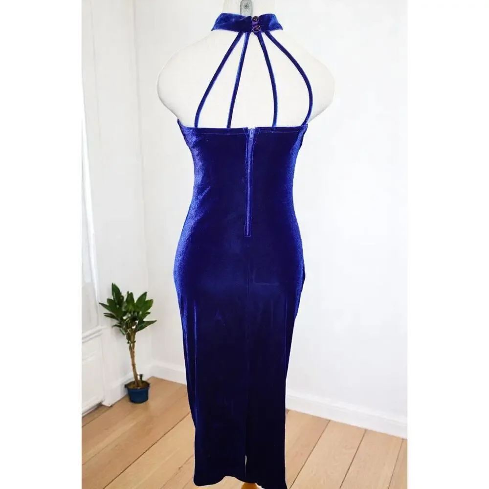 Kiki USA Royal Blue Velvet Halter Dress – Size 40 - Picture 10 of 16